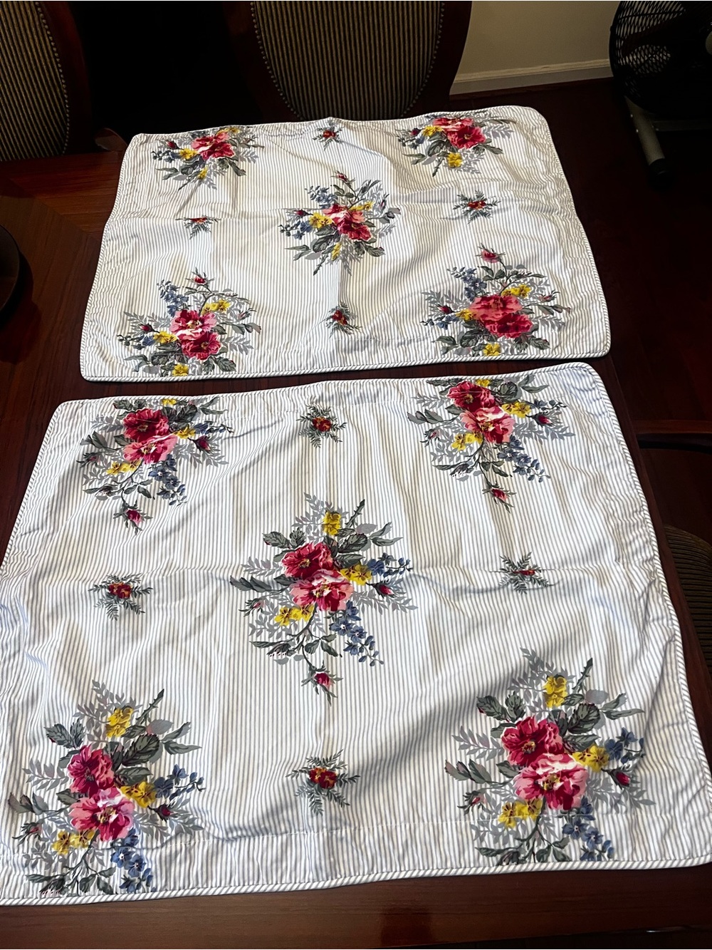 Chaps Floral Stripe Cotton pillow sham pair- Pink, Yellow & Blue Bouquet